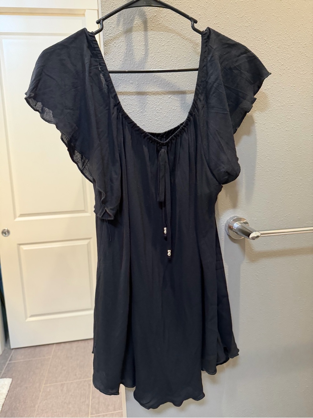 Women's Black Ruffled-Sleeve Tunic Top with Tie Neck